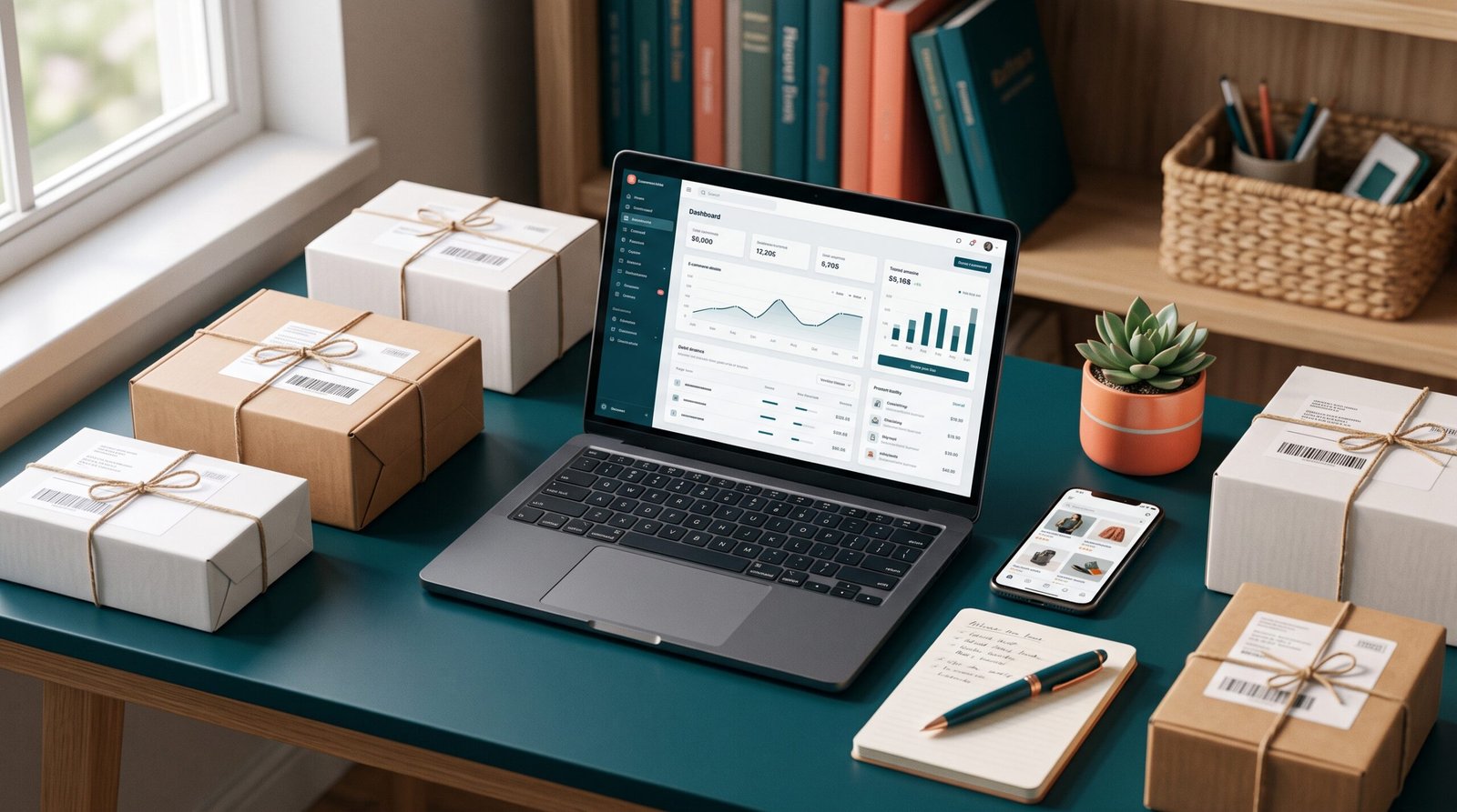 Modern organized home office workspace with laptop and product packages representing AI-powered e-commerce in Algeria
