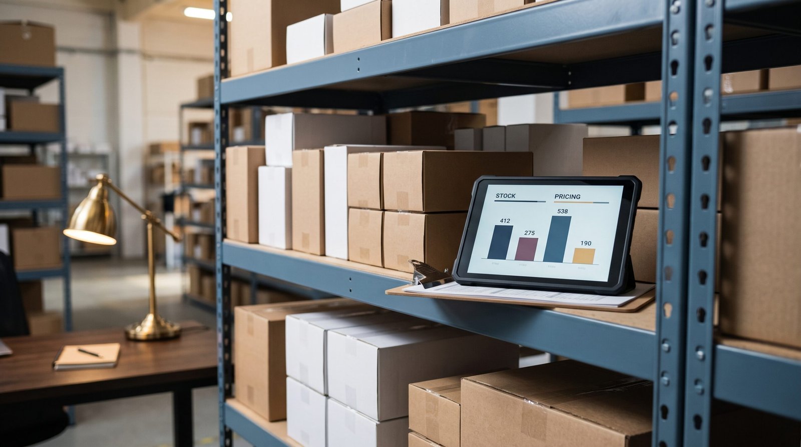 Organized warehouse shelves with neatly arranged product boxes and a tablet showing inventory data representing AI-driven inventory management and pricing for e-commerce