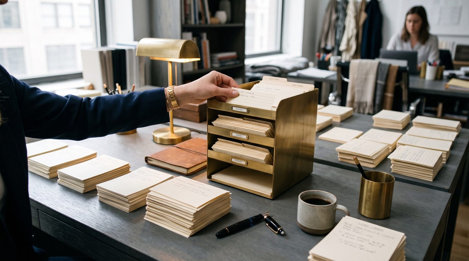 Slate desk with brass sorting trays organizing lead qualification cards for AI-assisted sales workflows