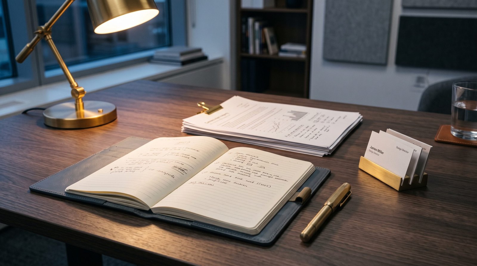 Indigo conference table with peach accents showing an evening meeting preparation scene for AI-assisted sales workflows