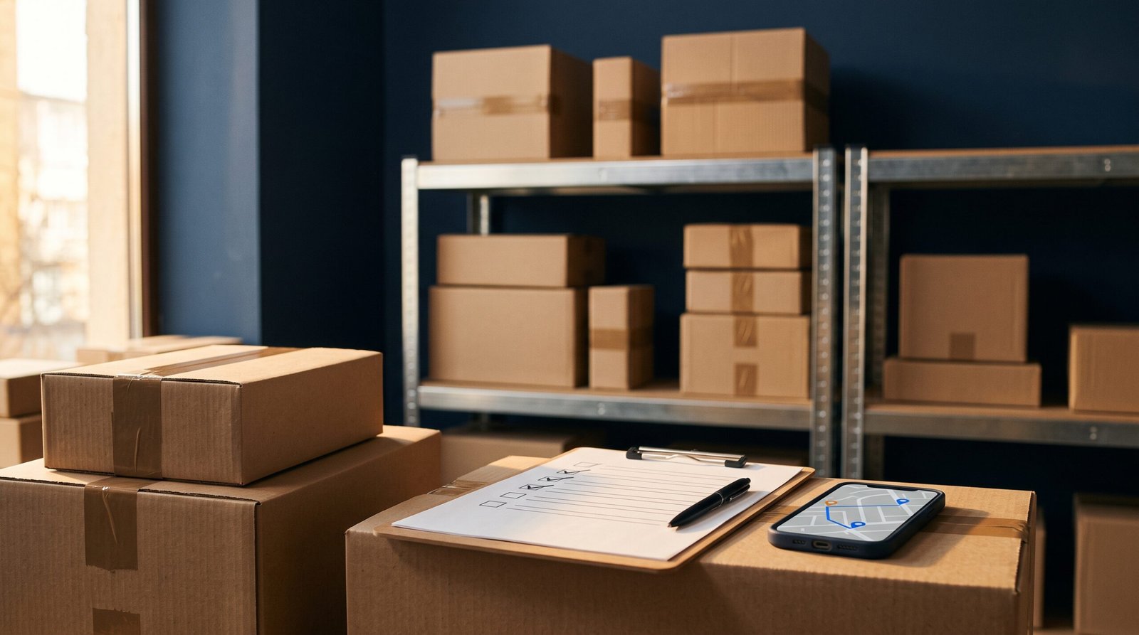 Cash on delivery warehouse with parcels and delivery route planning on smartphone