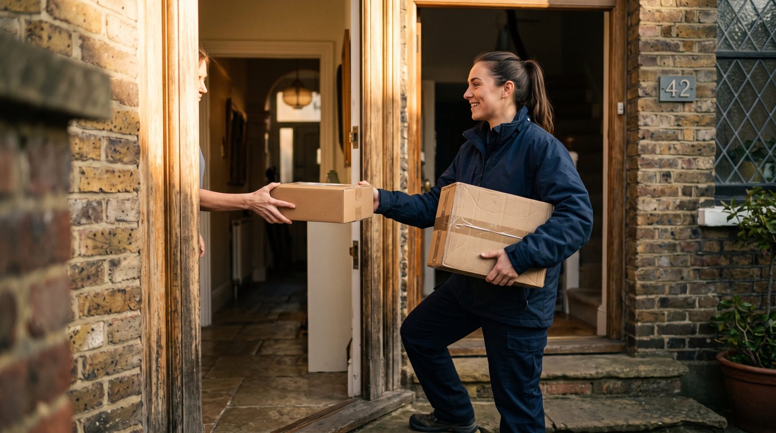 Livreur en uniforme bleu marine remettant un colis à un client avec une lumière ambre chaude — illustration du paiement à la livraison optimisé par l'IA en 2026