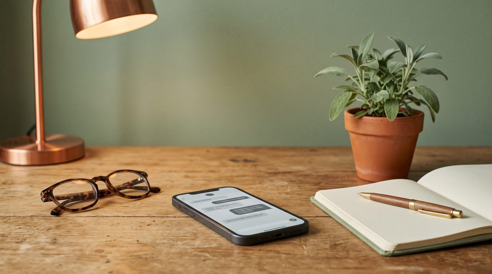 E-commerce customer service desk with smartphone chat, notebook and sage green plant