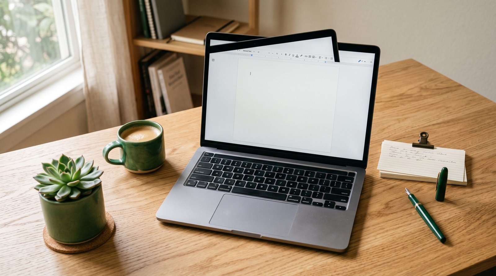 E-commerce copywriters desk with laptop and product note cards in emerald and warm sand tones