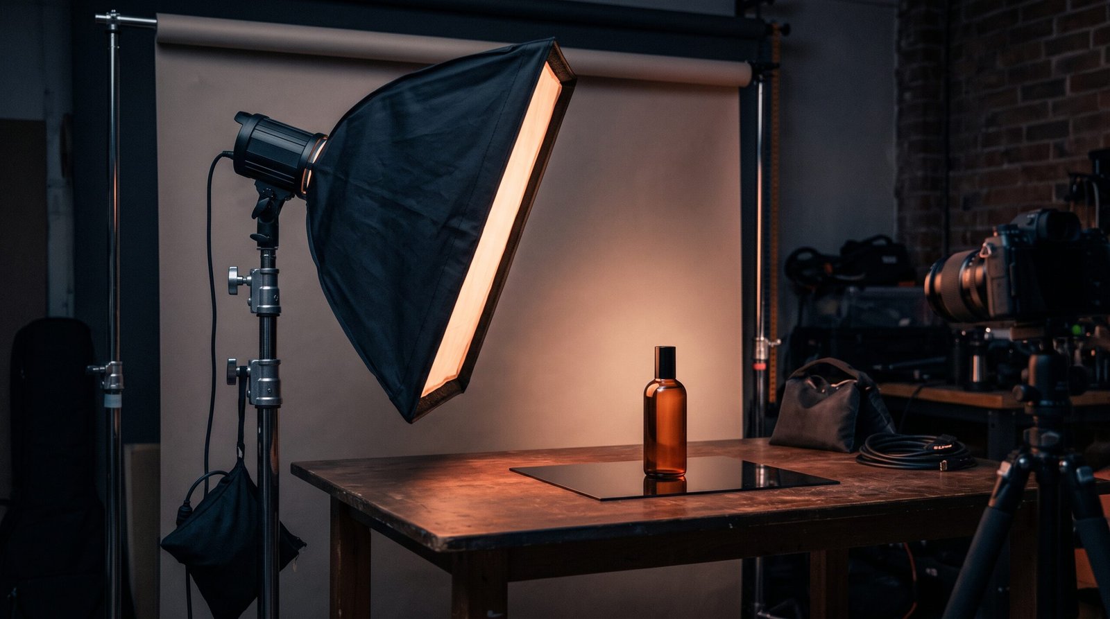 Product photography mini-studio with softbox light and seamless background in coral and deep indigo tones
