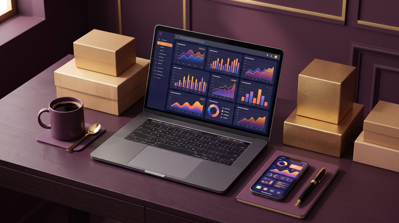 Editorial workspace scene with laptop showing ad campaign analytics, product packaging in warm gold tones, deep plum color palette for e-commerce AI advertising guide