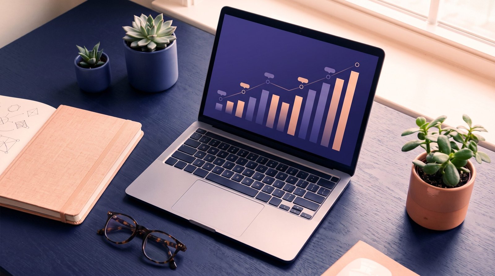 Editorial workspace scene with laptop showing search ranking visualization, plants and notebook, deep indigo and warm peach color palette for e-commerce AI SEO guide