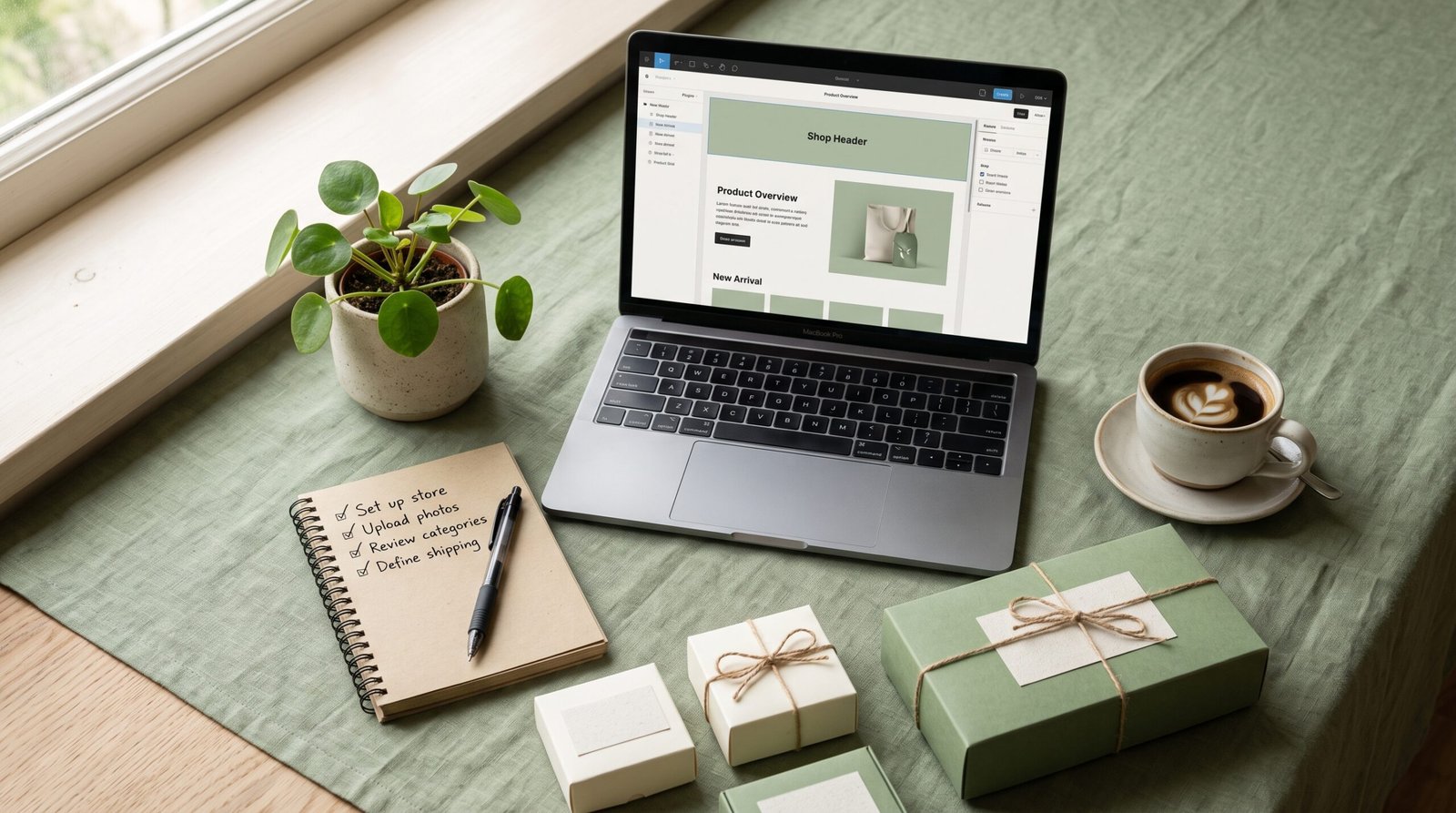 E-commerce store launch workspace with laptop, product boxes, and checklist on a fresh green surface