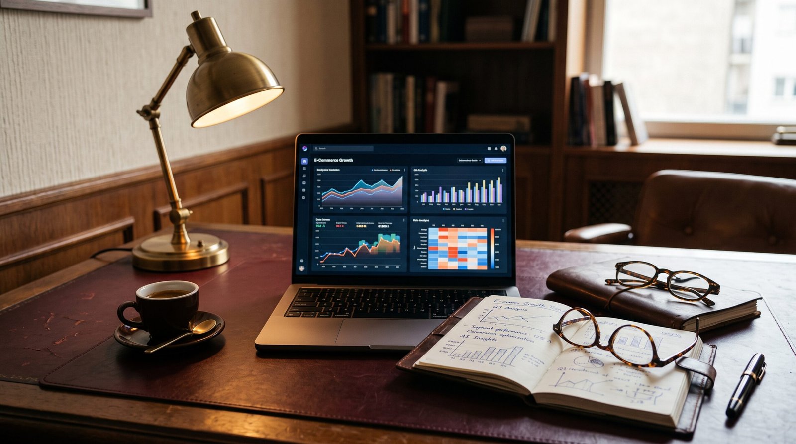 E-commerce analytics dashboard with data charts and growth notes on a deep burgundy desk