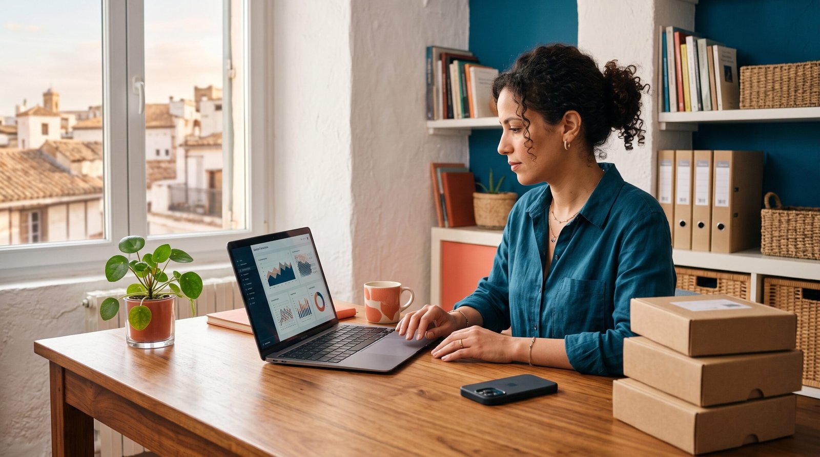 Espace de travail e-commerce en Algérie avec ordinateur portable, produits emballés et éclairage naturel — illustration éditoriale