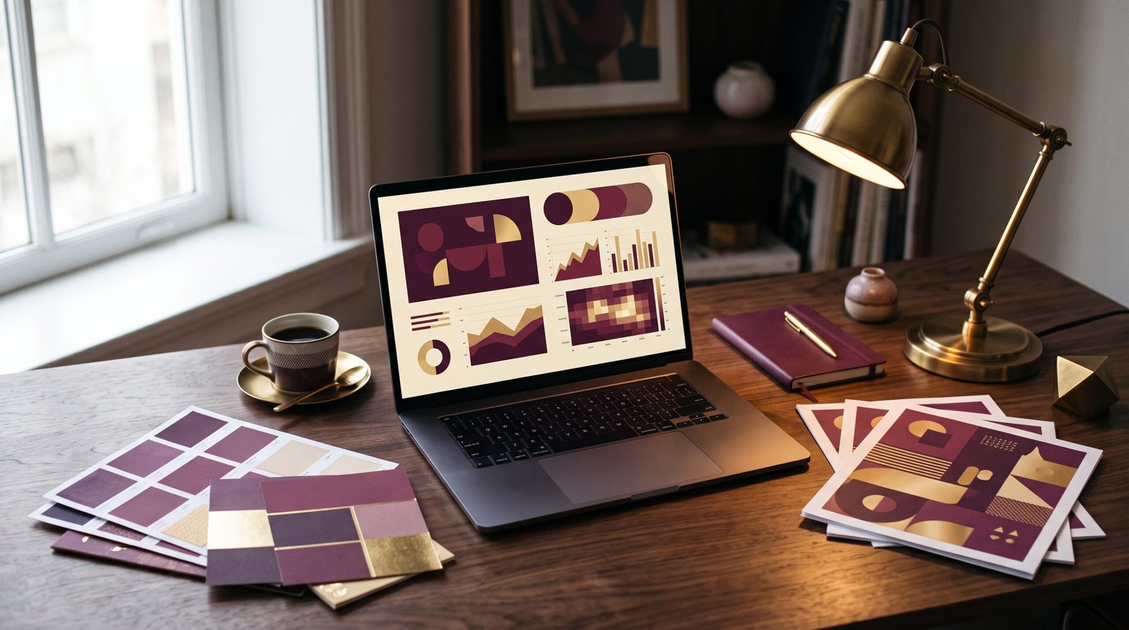 Bureau professionnel avec ordinateur et matériel marketing en tons prune et or pour campagne publicitaire e-commerce