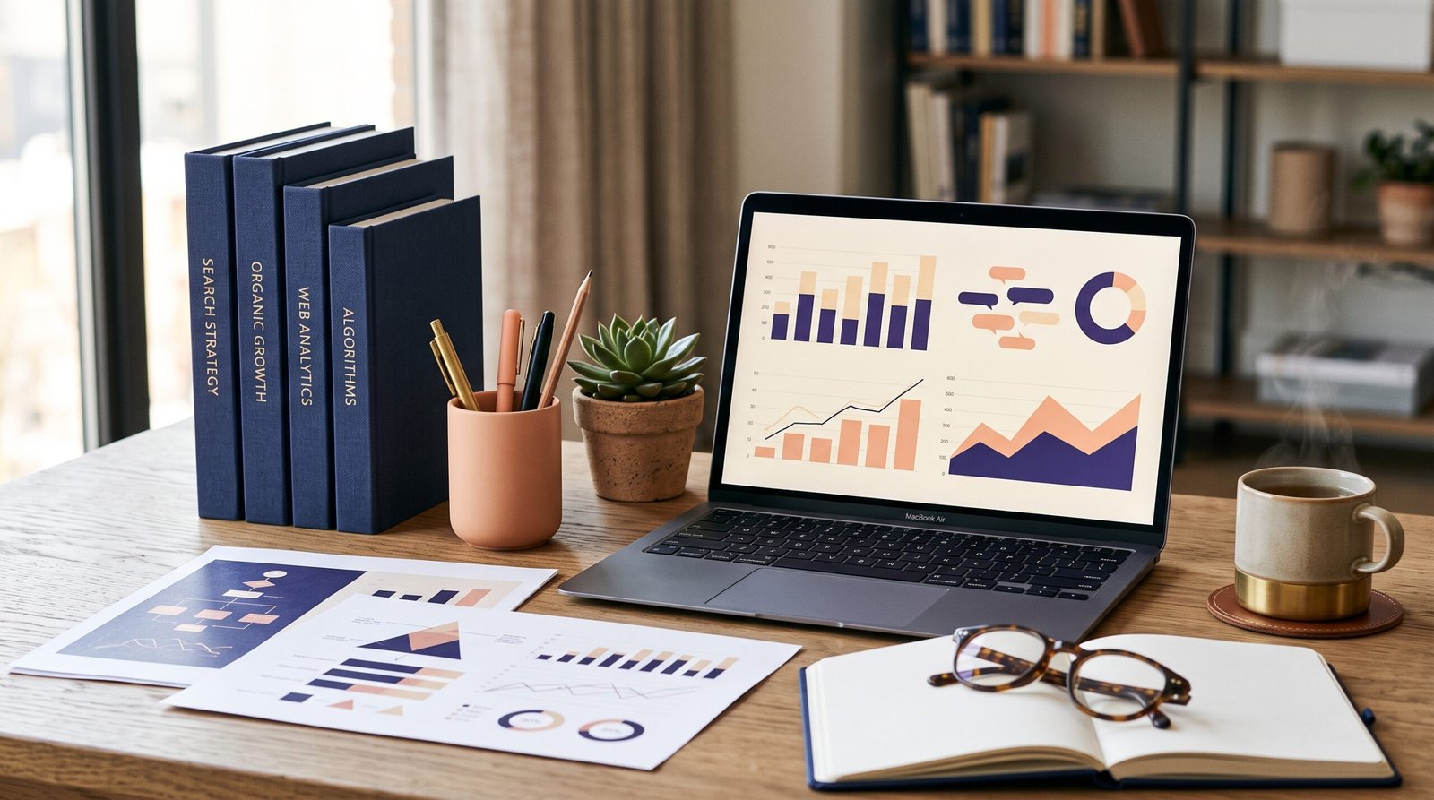Espace de travail professionnel avec ordinateur et documents SEO en tons indigo et peche pour referencement de boutique e-commerce