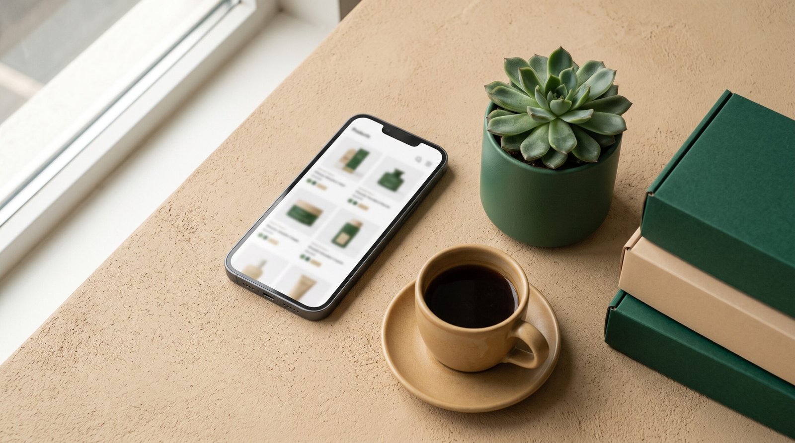 Espace de travail e-commerce avec smartphone affichant une fiche produit, palette emeraude et sable chaud