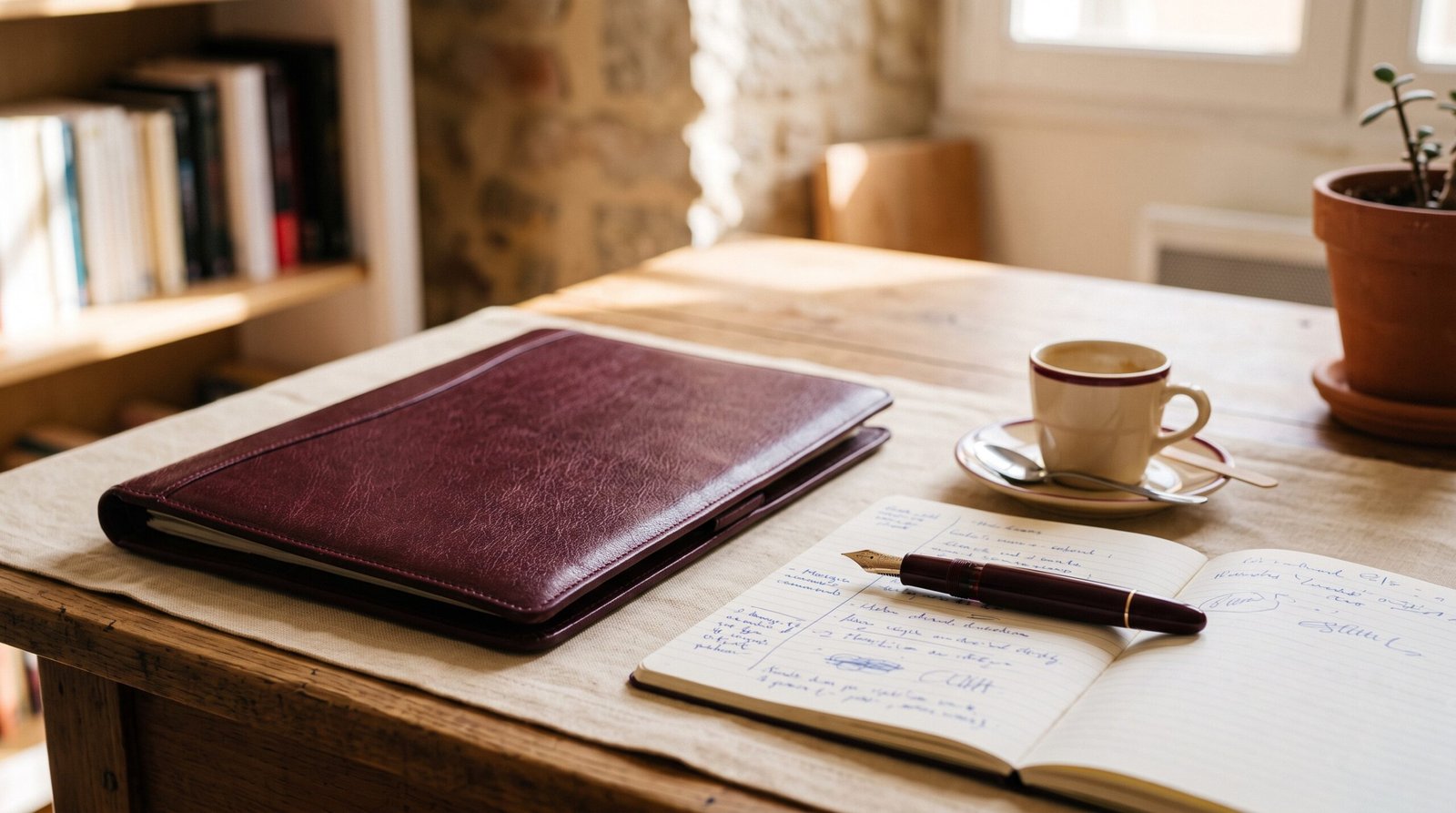 مكتب حر مع محفظة جلدية - IA freelances gestion argent 2026