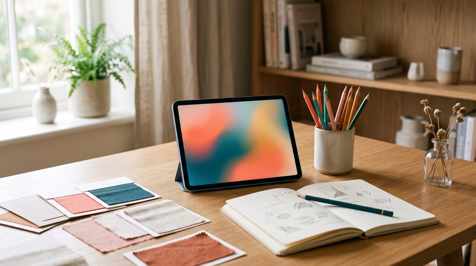 Bureau de designer créatif avec tablette et crayons - guide IA pour graphistes 2026