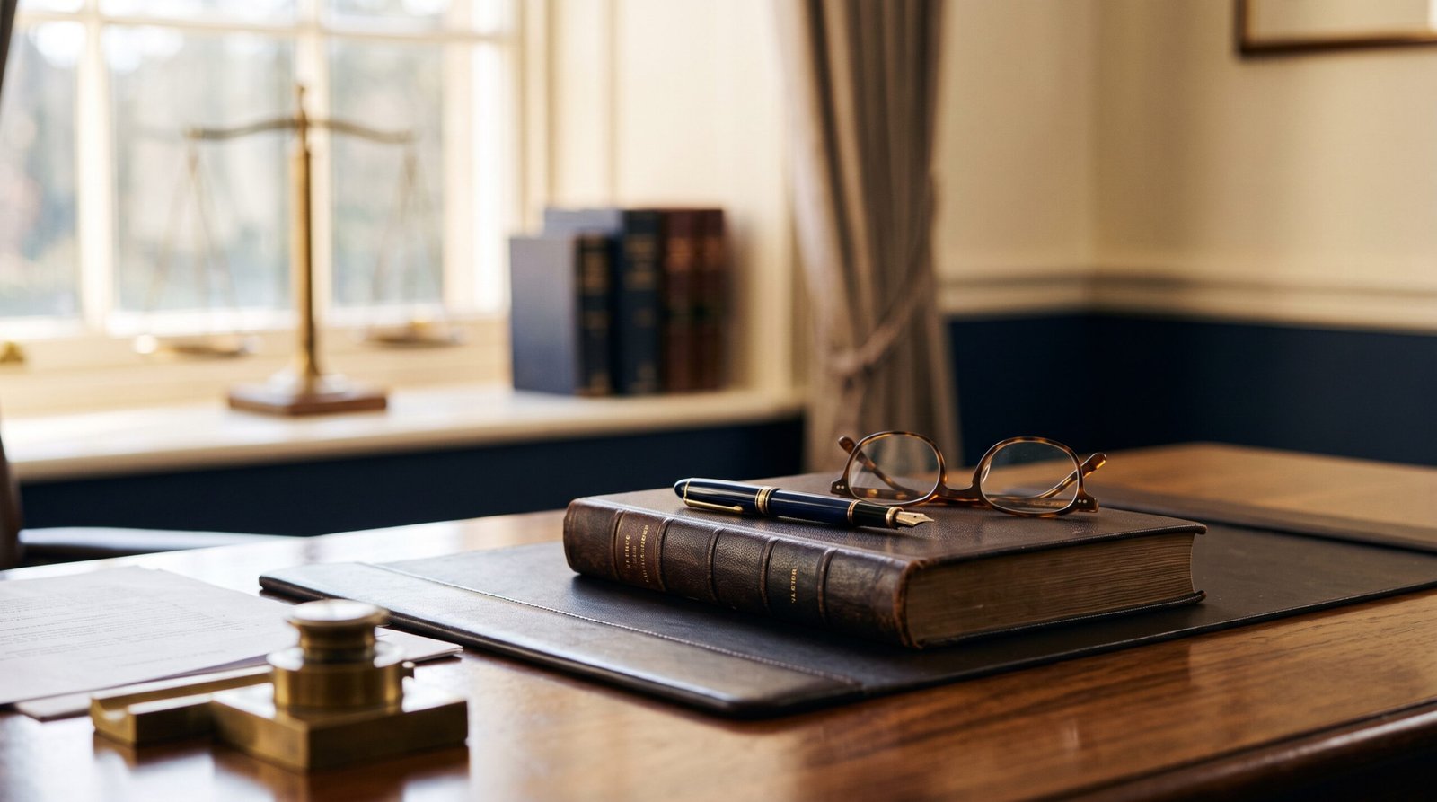 Bureau d'avocat avec stylo plume et livre de droit - guide IA pour avocats 2026