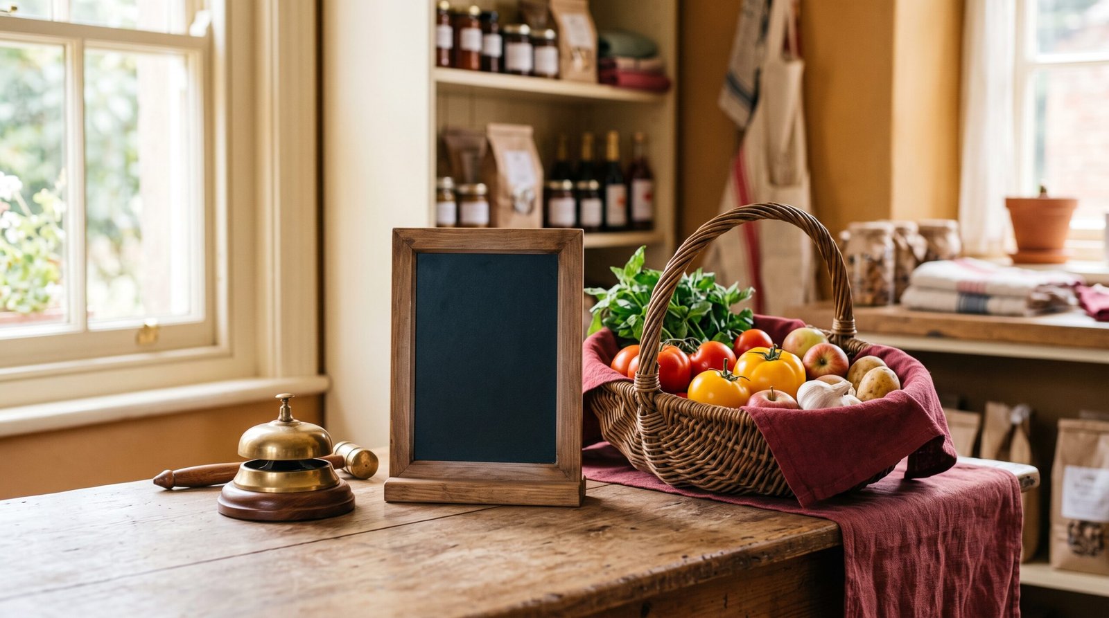 Comptoir de commerce de quartier avec panier et cloche - guide IA petits commerces 2026