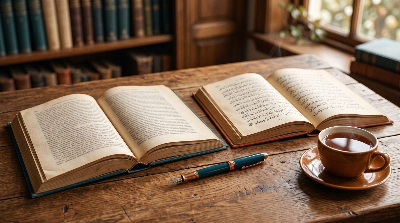 Deux livres ouverts l'un latin l'un arabe avec stylo plume - guide IA traduction 2026