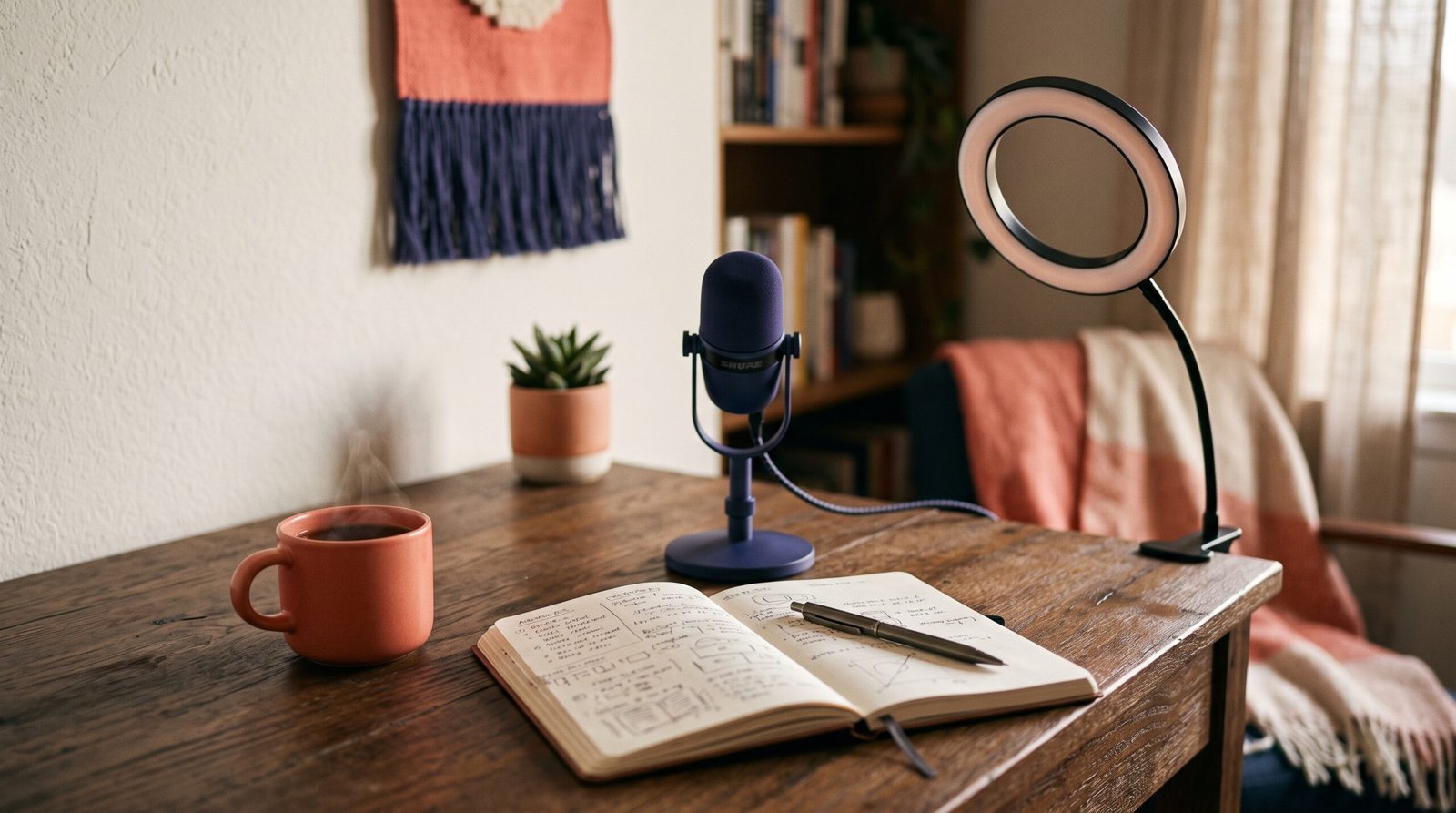Bureau de créateur de contenu avec micro et lumière - guide IA YouTube 2026