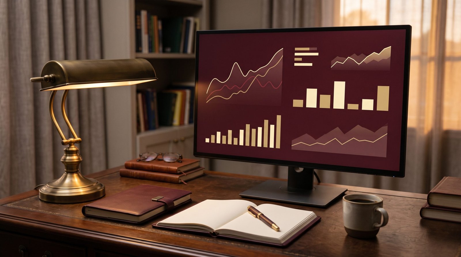 Bureau élégant avec écran affichant des visualisations de données analytiques, palette bordeaux profond et crème chaude