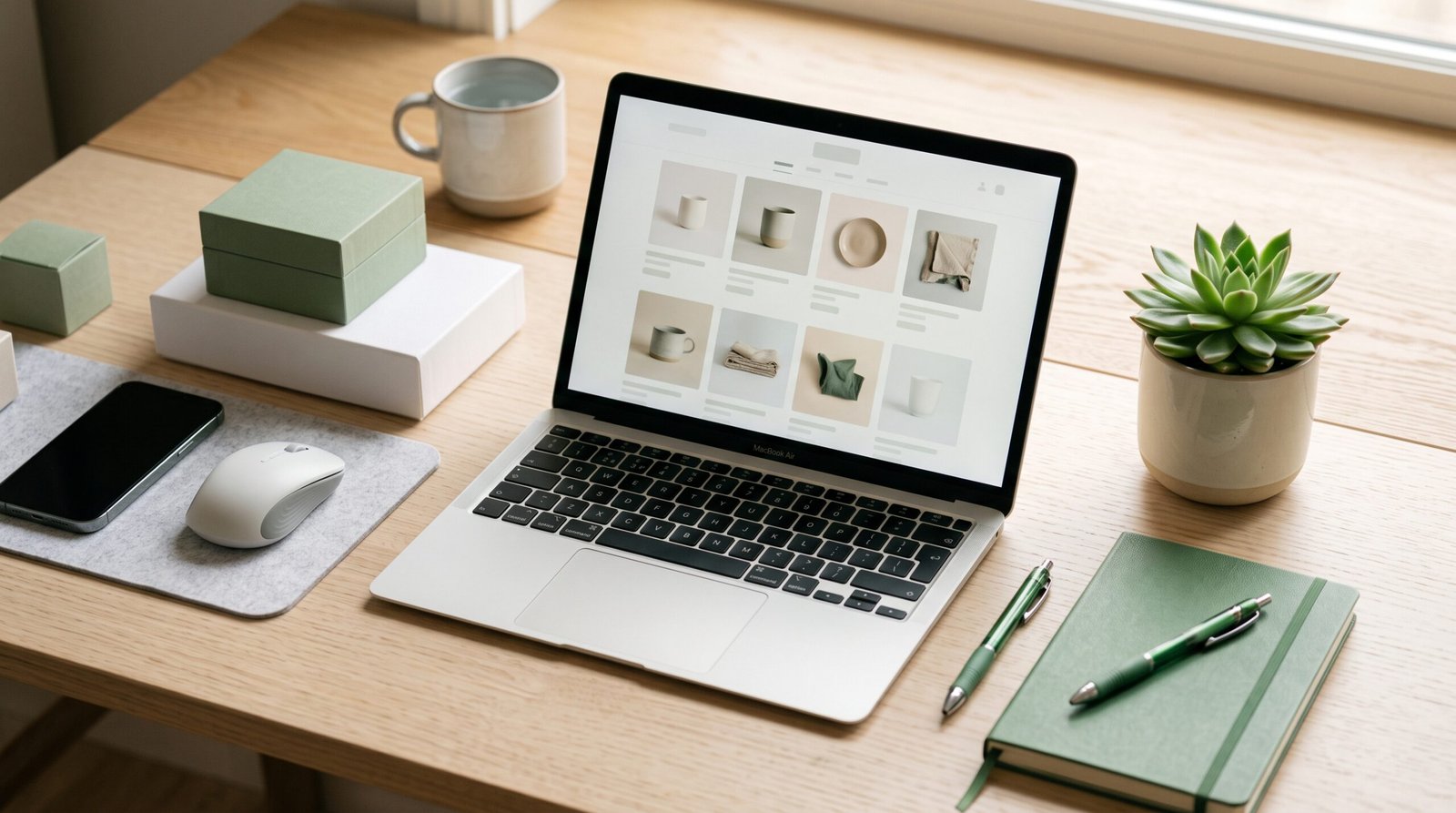 Espace de travail moderne avec ordinateur portable affichant une boutique e-commerce, accents vert frais et blanc chaud