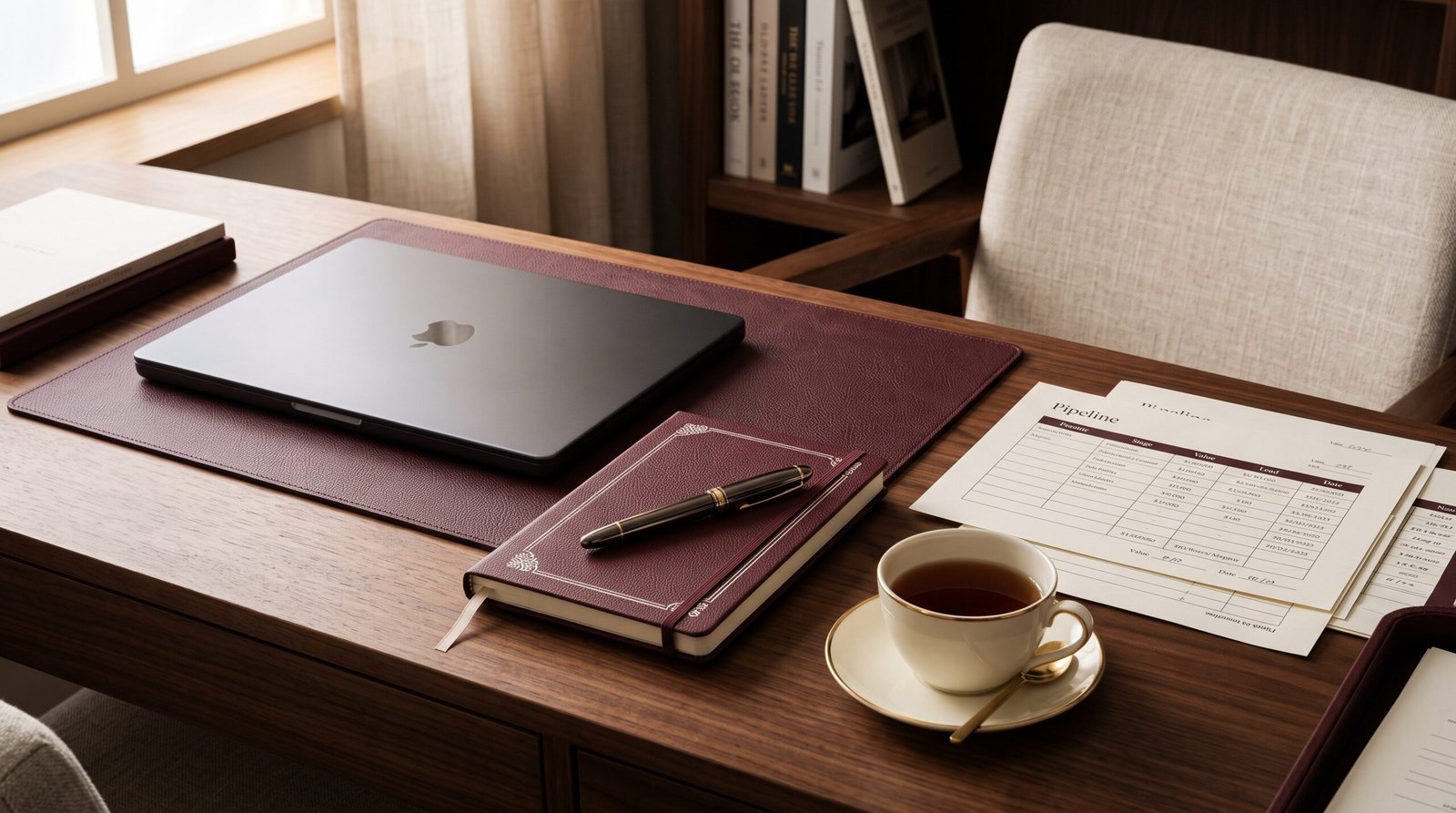 إدارة خط أنابيب CRM بالذكاء الاصطناعي — مكتب بيع مع تقارير خط الأنابيب، تصوير تحريري بدرجات البرغندي والكريمي