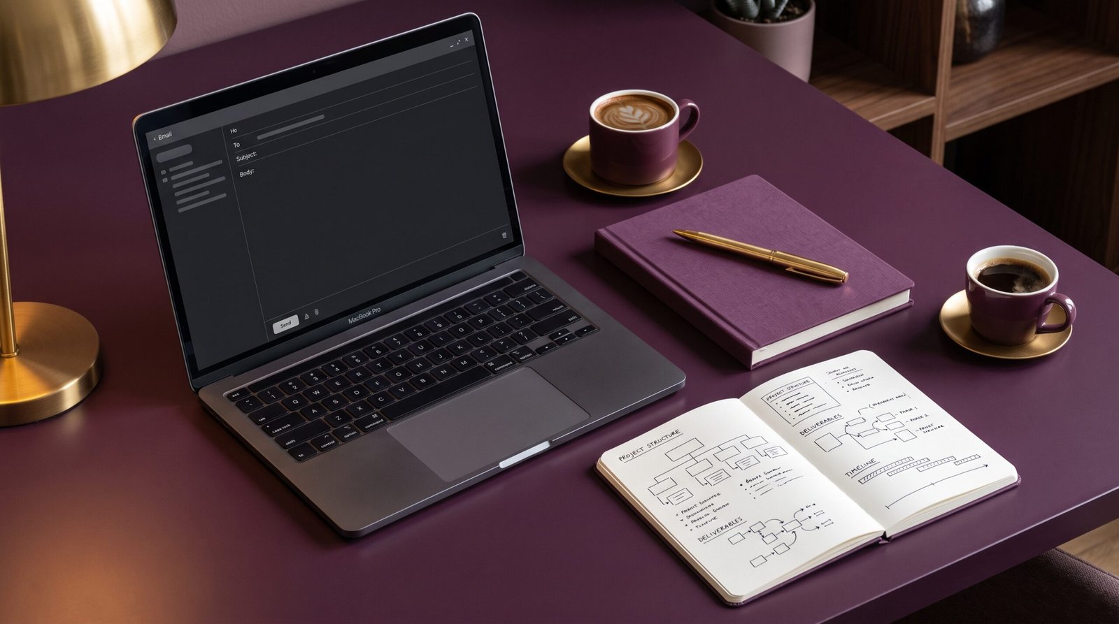 AI cold outreach emails guide 2026 editorial desk scene with laptop and notebook in plum and gold tones