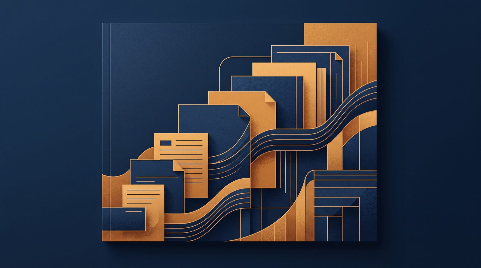 Abstract geometric composition in navy blue and warm amber representing AI-assisted proposal writing and document creation