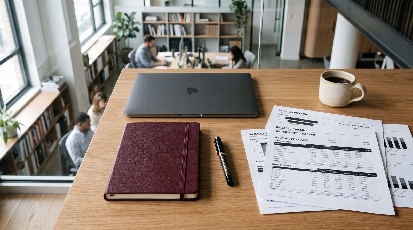 AI-powered CRM pipeline management — sales desk with pipeline reports, burgundy and cream editorial photography