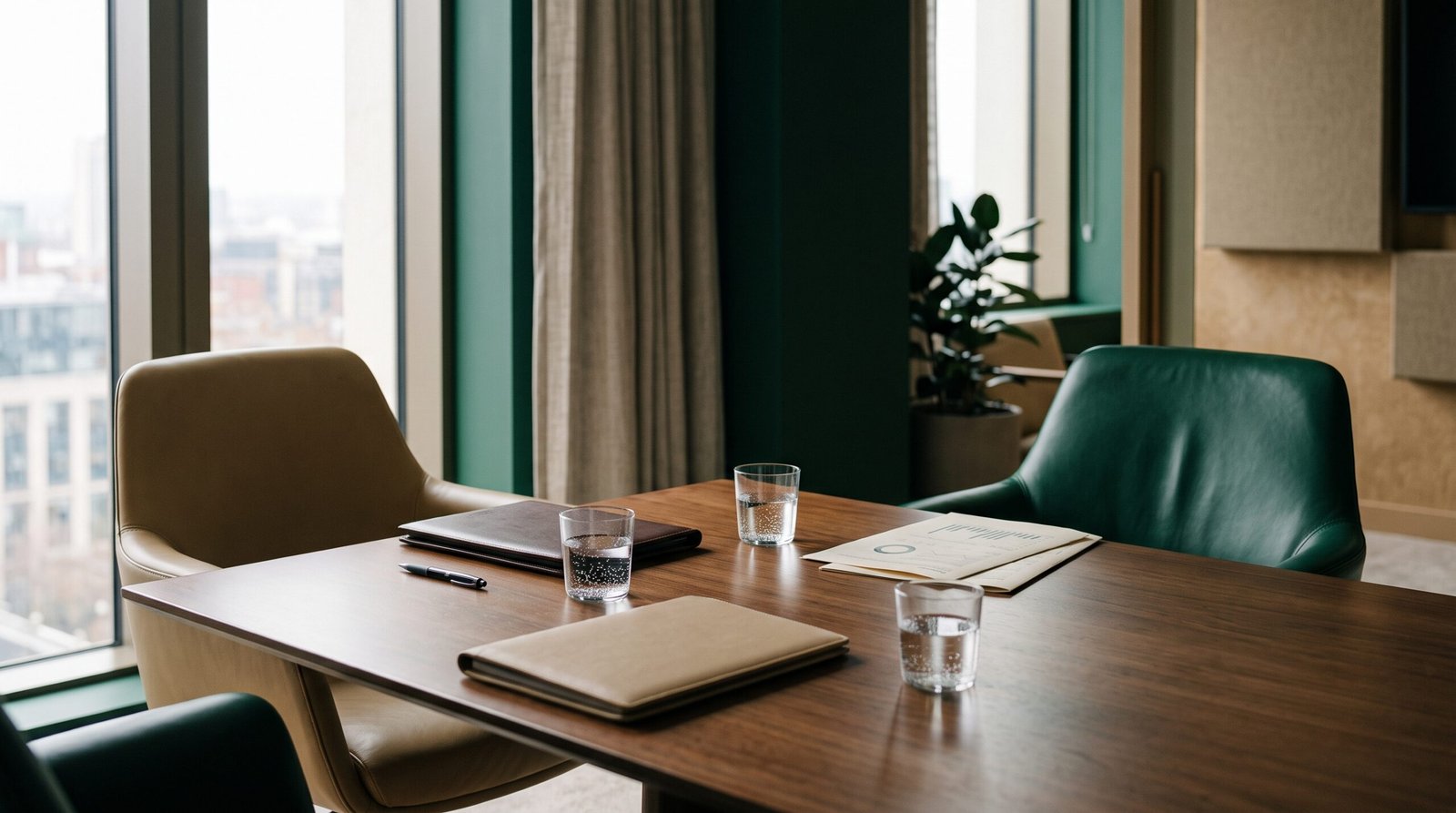 AI-assisted negotiation preparation — negotiation table with portfolios, emerald and sand editorial photography