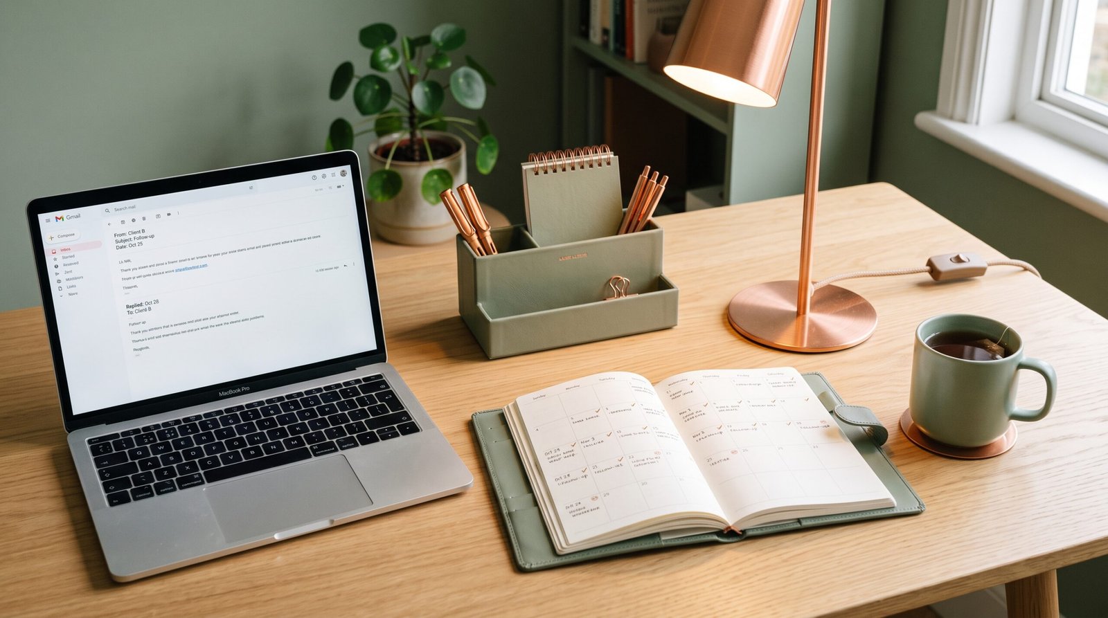 AI sales follow-ups guide 2026 editorial desk scene with laptop planner and tea in sage and copper tones