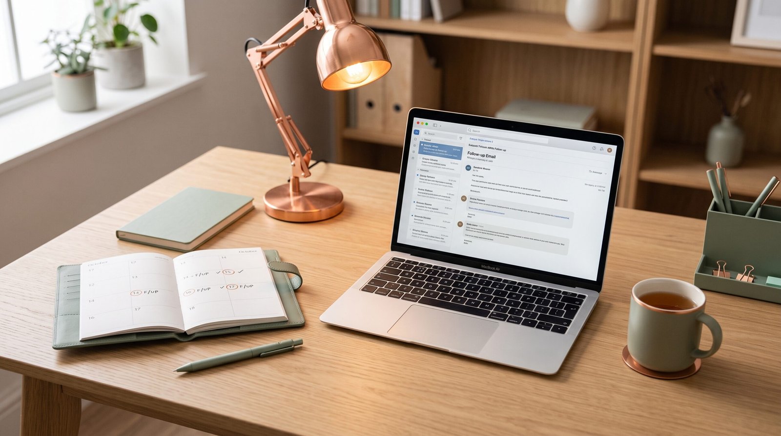Guide des relances de vente par IA 2026 scene editoriale de bureau avec ordinateur portable agenda et the tons sauge et cuivre