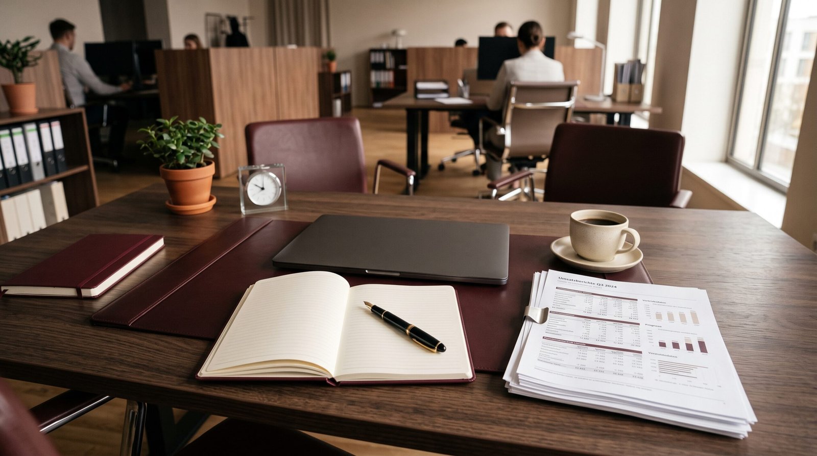 Gestion du pipeline CRM par IA — bureau commercial avec rapports de pipeline, photographie éditoriale bordeaux et crème