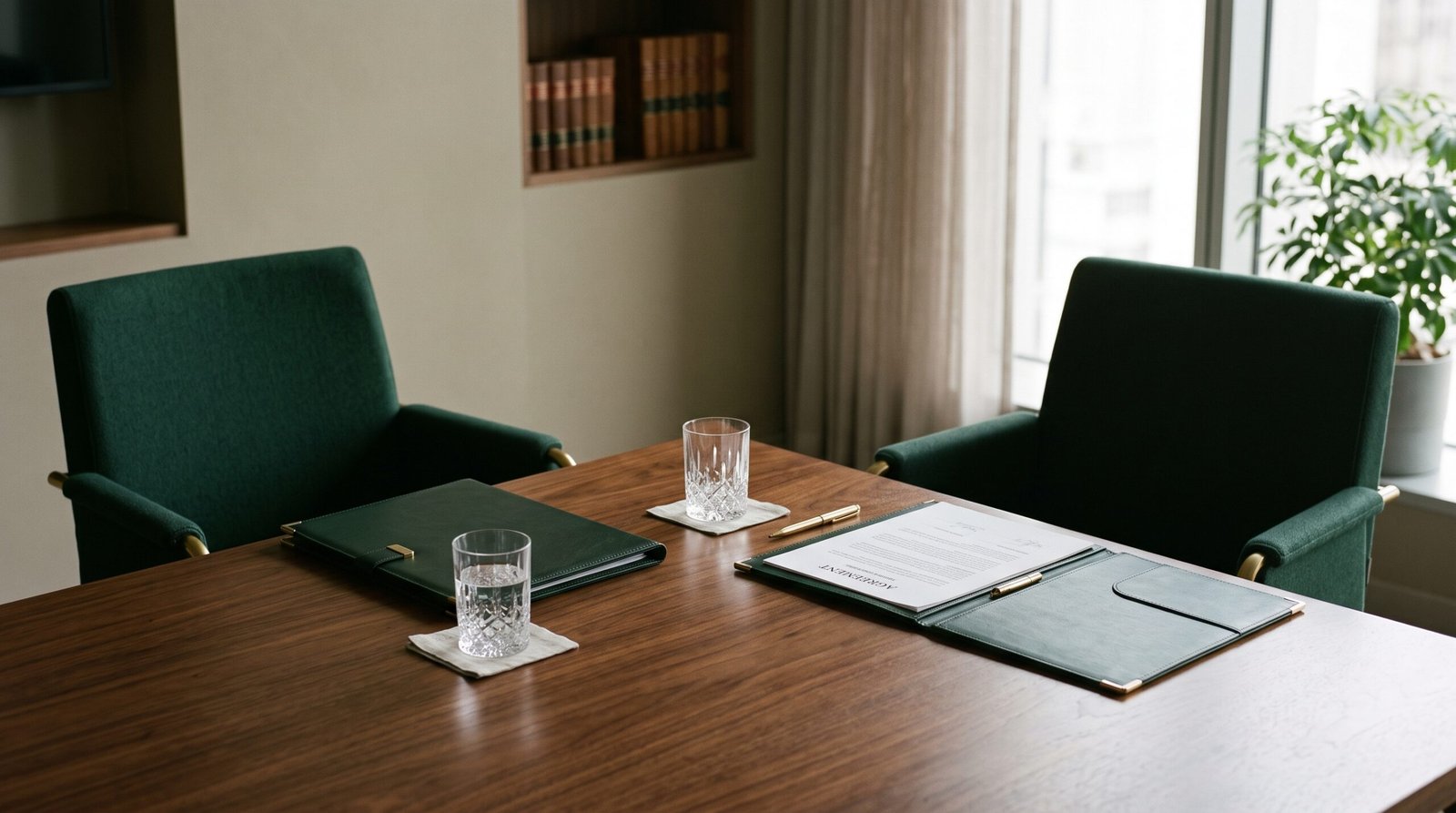 Préparation de négociation par IA — table de négociation avec portefeuilles, photographie éditoriale émeraude et sable