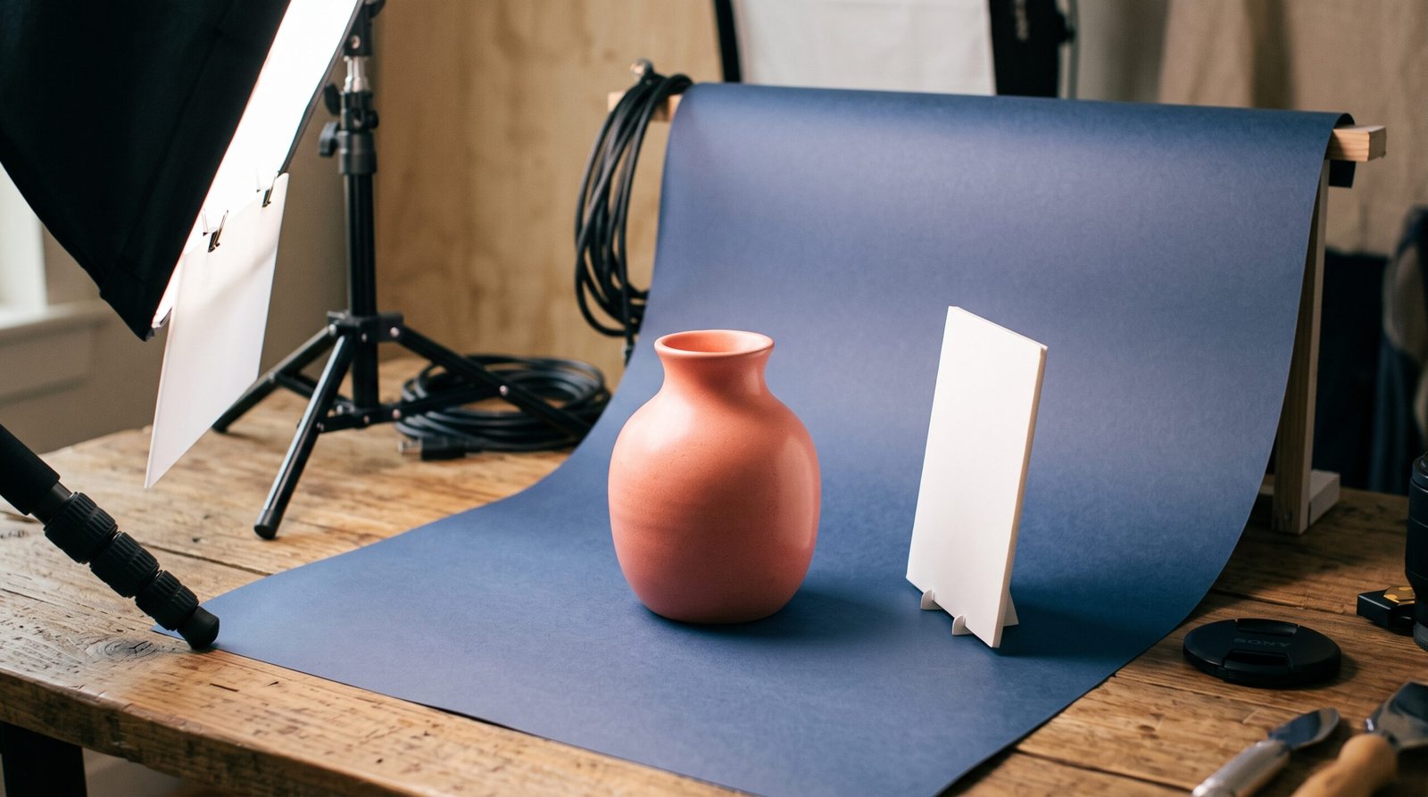 Studio photo miniature avec vase corail sur fond indigo profond, scene de photographie produit e-commerce