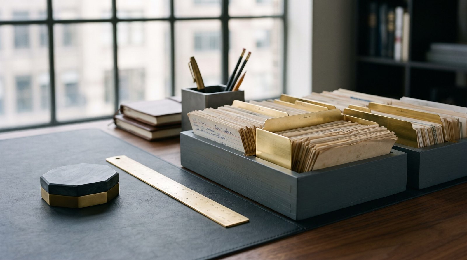 Bureau ardoise avec classeurs en laiton triant des fiches de leads pour la qualification par IA dans les workflows commerciaux