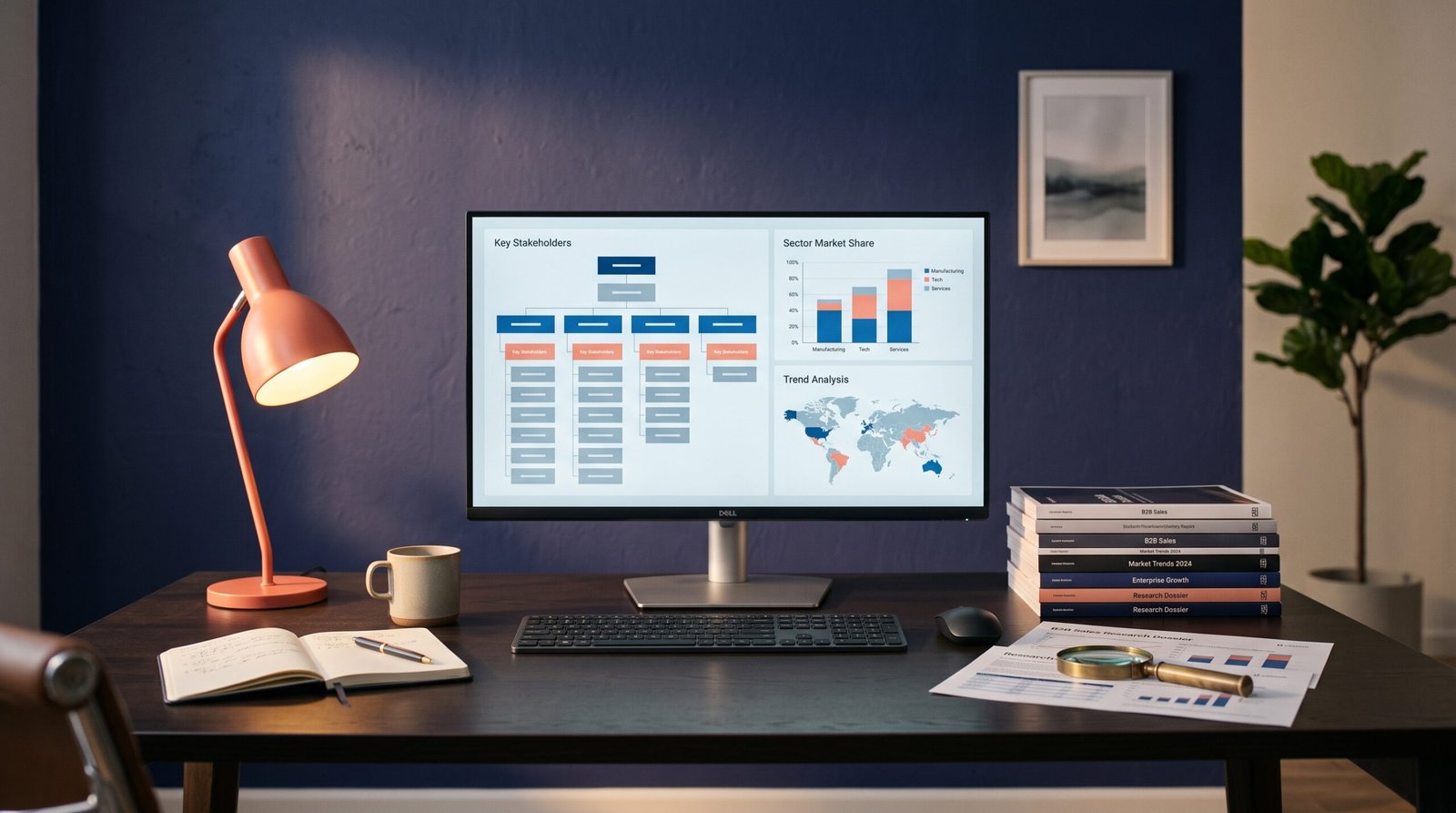 Espace de travail professionnel avec moniteur affichant un dossier de recherche et rapports sectoriels pour la recherche B2B par IA