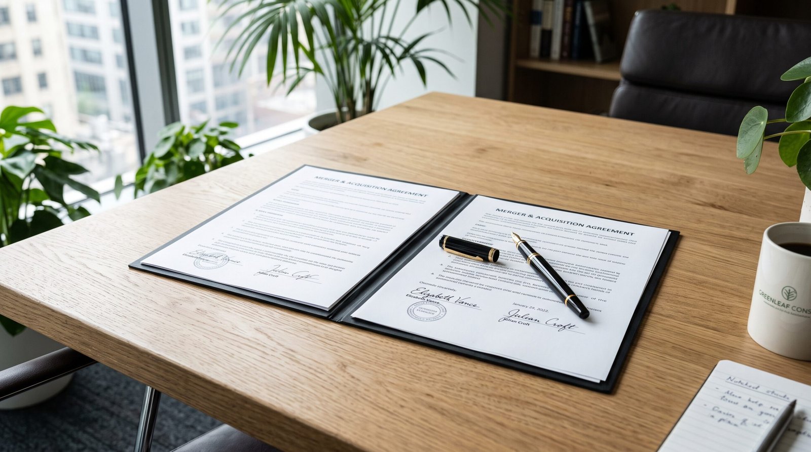 Table de salle de réunion avec contrat finalisé et stylo premium entouré de feuilles vertes pour le closing de deals par IA