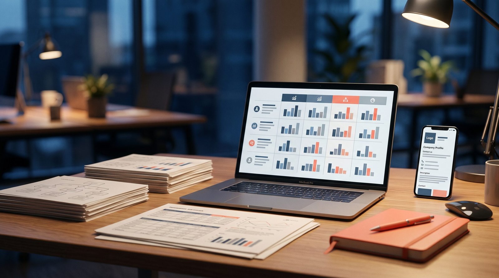 Professional analyst desk with laptop showing competitor comparison matrix and research notes for AI-powered B2B research
