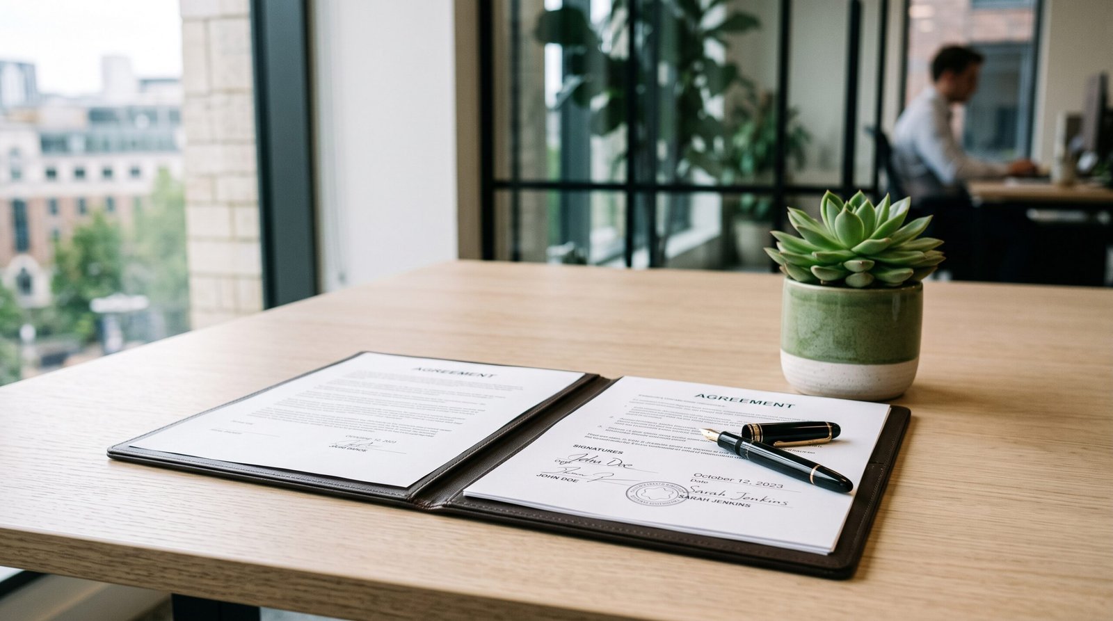 Modern office desk with signed contract folder, fountain pen and small succulent plant for AI-powered deal closing
