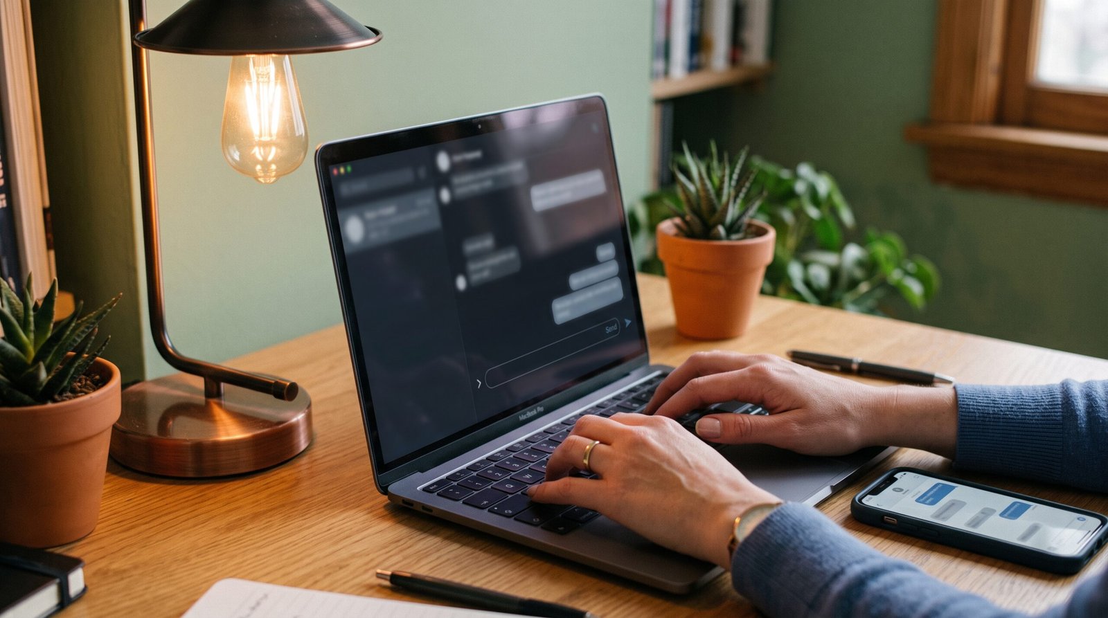 Mains tapant sur un clavier d'ordinateur portable avec un smartphone affichant une messagerie, éclairée par une lampe cuivrée sur fond vert sauge — illustration du service client e-commerce par IA en 2026