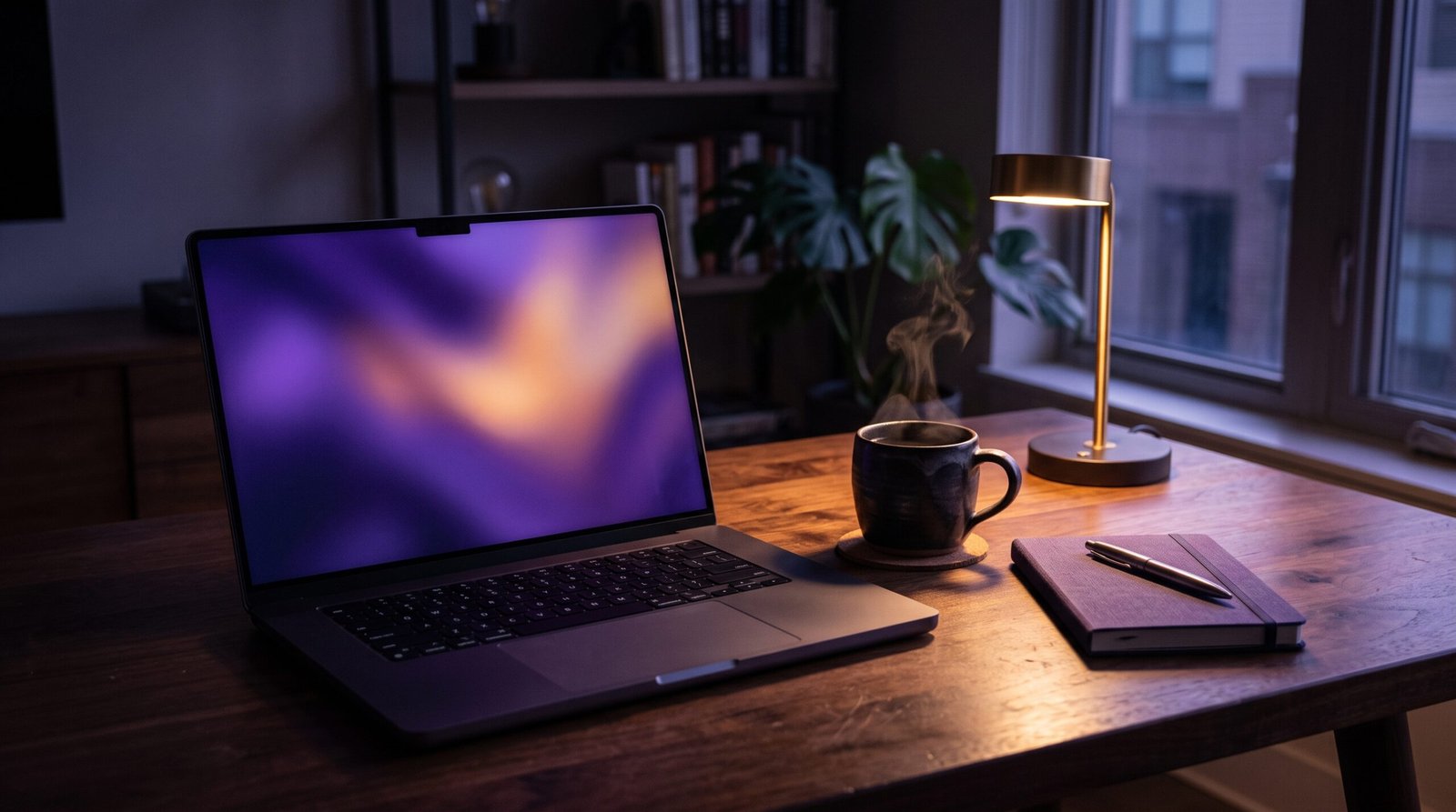 Bureau de créateur au crépuscule : un ordinateur portable à l’écran violet profond, une tasse fumante et une lampe à la lumière ambrée — l’univers du vibe coding.