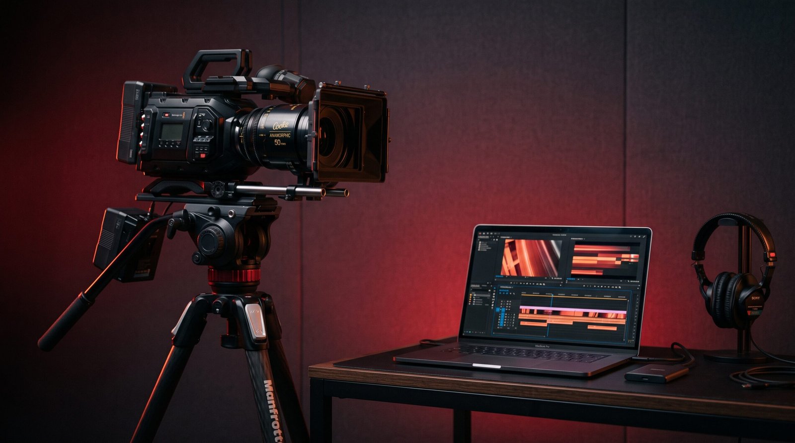 Vidéo IA pour la publicité e-commerce : studio de production vidéo professionnel aux tons carmin et ardoise