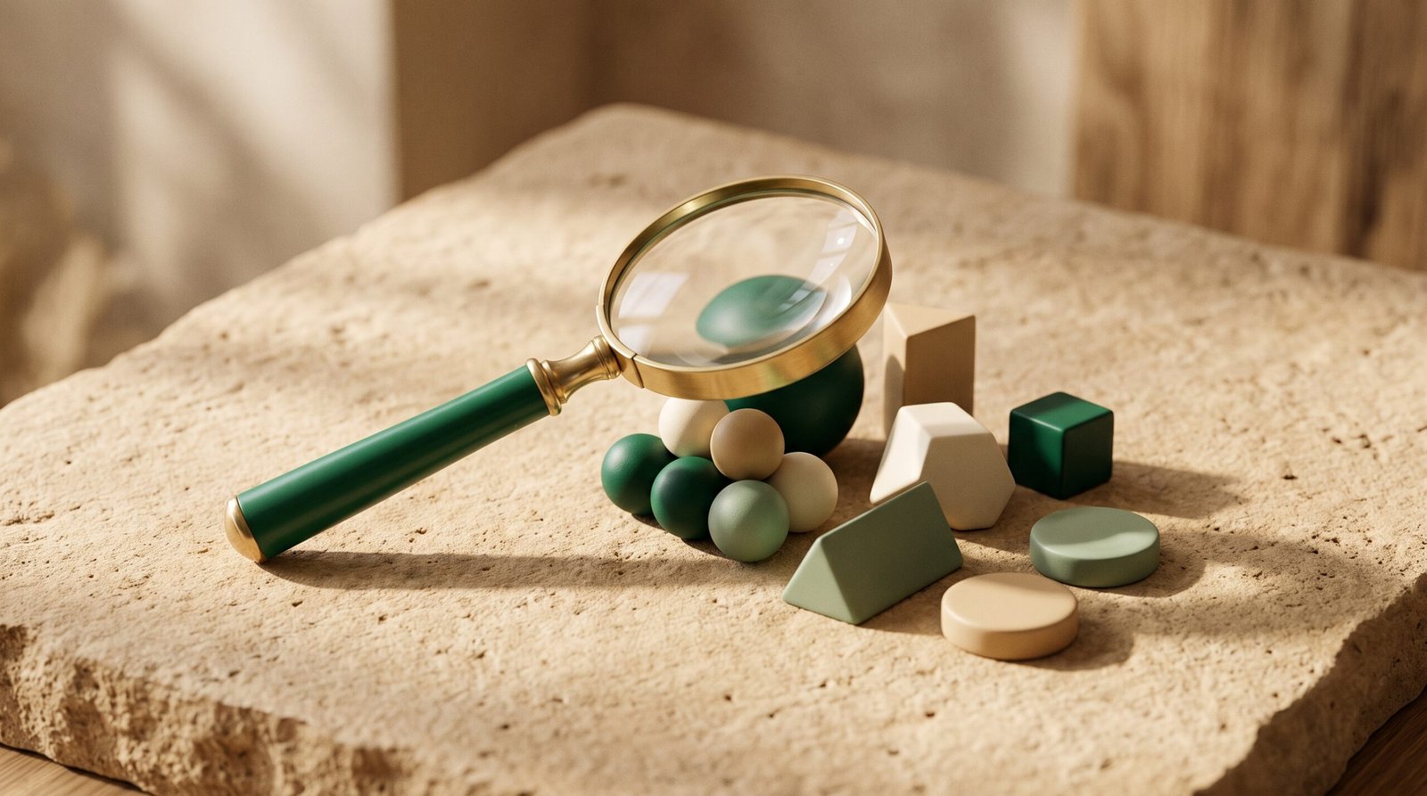 Loupe à manche émeraude examinant des formes géométriques vertes et beige sur pierre sable — métaphore de la visibilité d'une marque dans les réponses IA